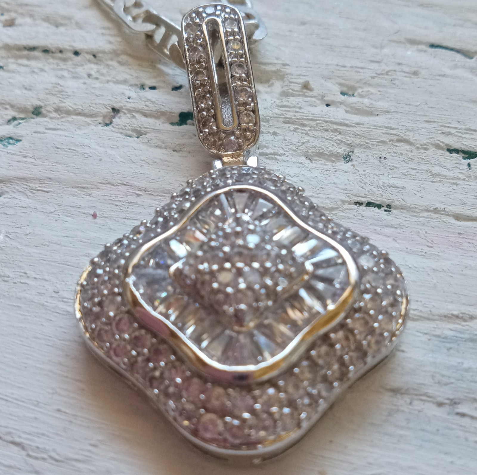 Square Moissanite Cluster Pendant in Sterling Silver 925, White Gold Look, New