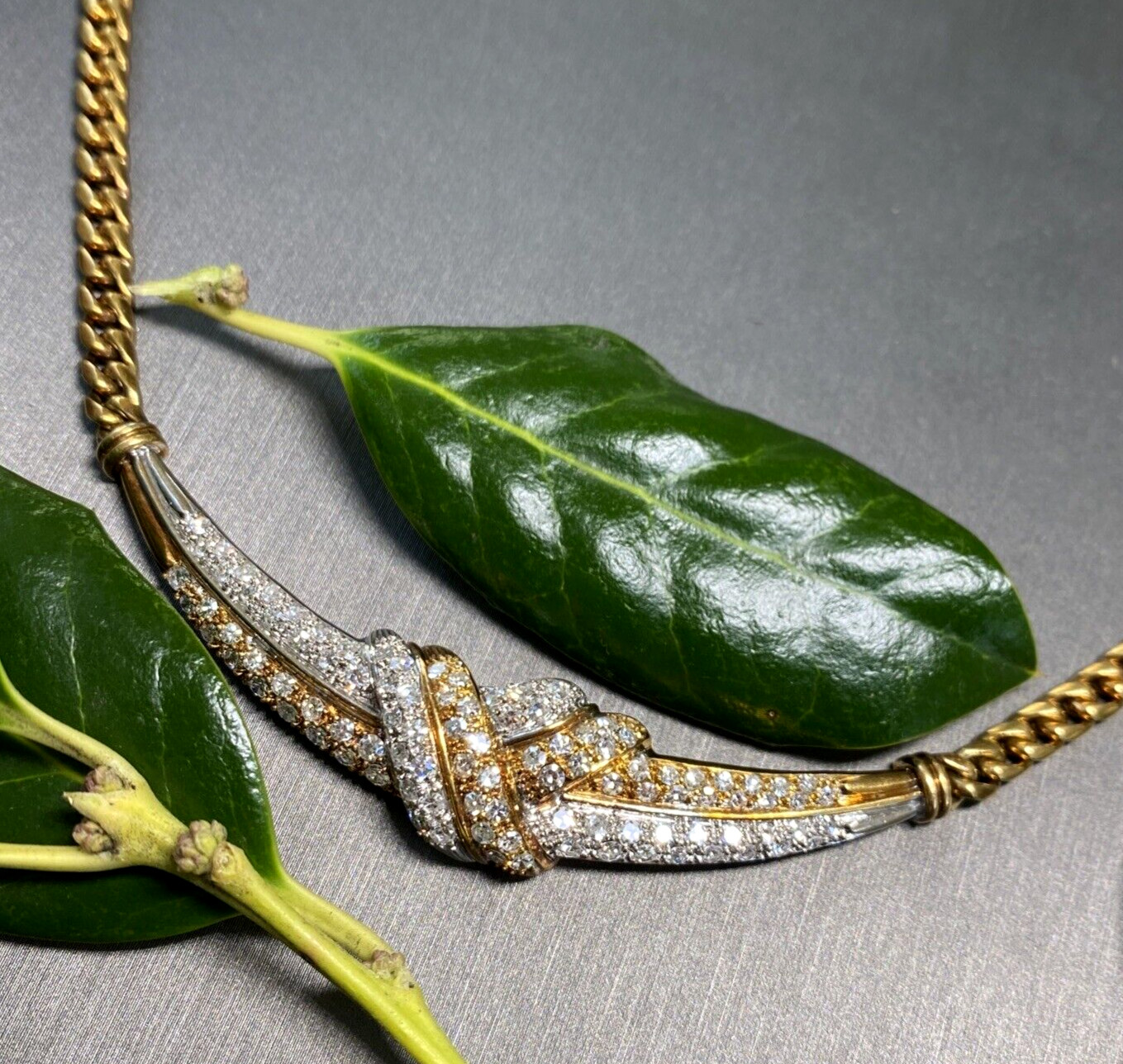 18K Yellow White Gold Diamond Love Knot X Crescent Vintage Cuban Chain Necklace