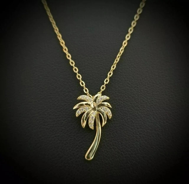 1.50 CT Round REAL Moissanite Palm Tree Pendant Necklace 14K Yellow Gold Plated