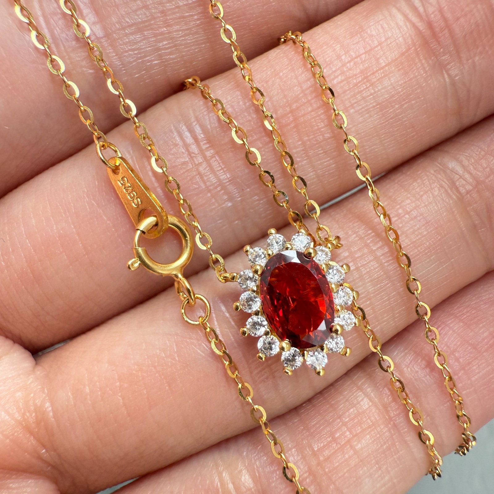 925 Sterling Silver Necklace 7x5mm Natural Garnet Zircon Handmade Flower Chain