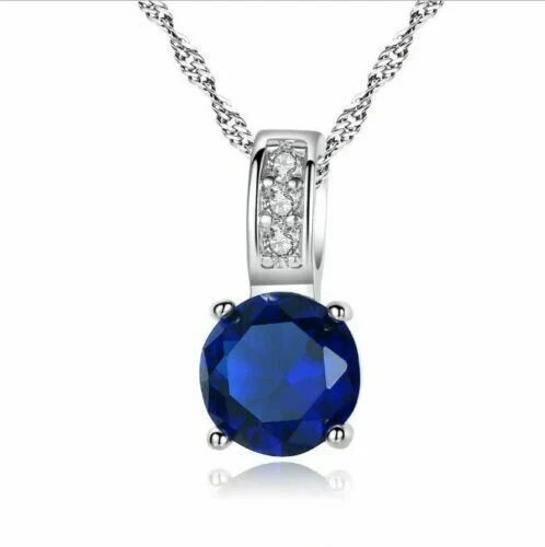 2Ct Round Cut Blue Sapphire Solitaire Pendant 14K White Gold Finish Free Chain