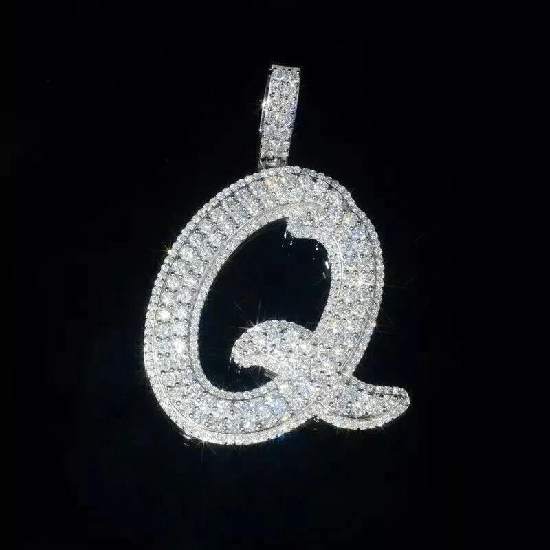 Men’s Initial Letter “Q” Pendant 3Ct Real Moissanite 14k White Gold Plated