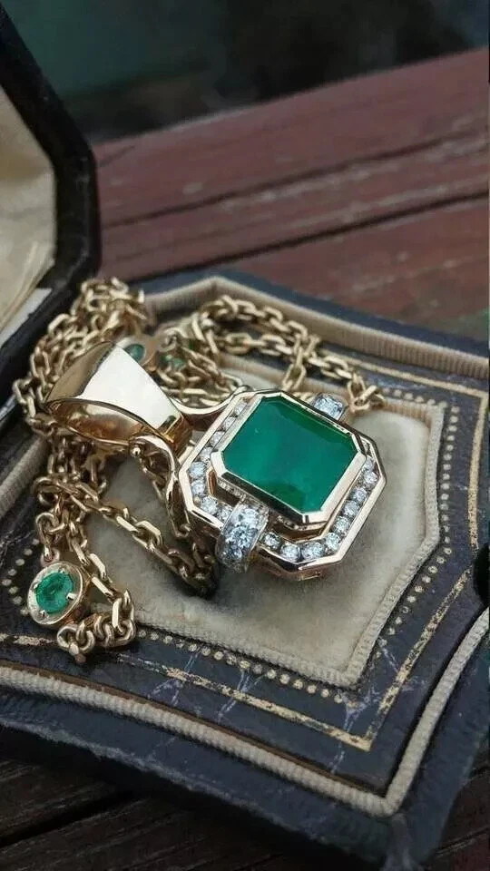 2.70Ct Asscher Cut Emerald Diamond Halo Pendant 14K Yellow Gold Finish