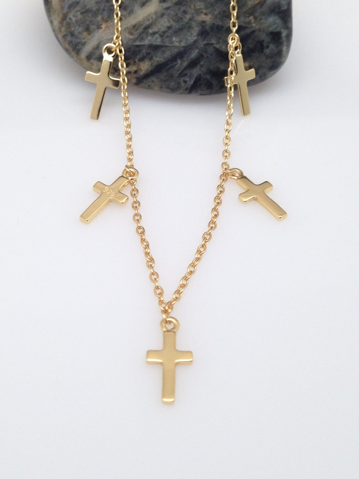 925 Sterling Silver Cross Charm Dangle Choker Necklace Plain Gold 9mm 15.5″ Girl