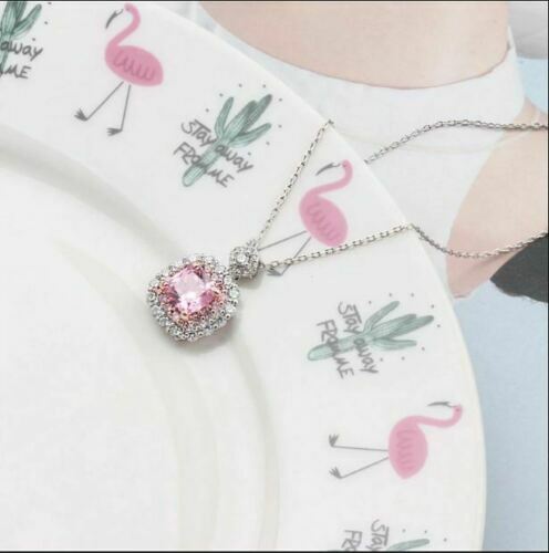 3Ct Cushion Cut Pink Sapphire Halo Pendant 14K White Gold Finish Free Chain