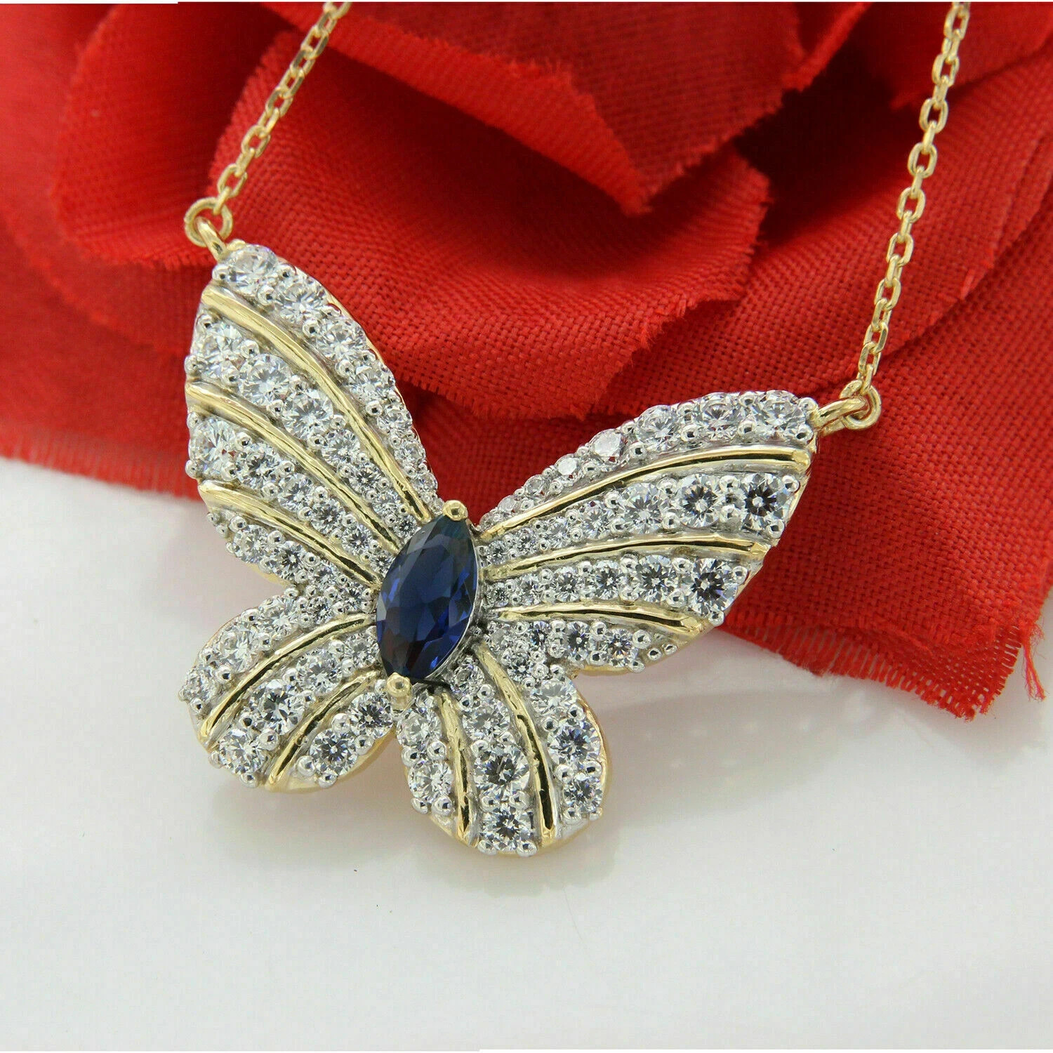 3 CT Blue Sapphire Marquise Pave Diamond Butterfly Necklace 14k Yellow Gold Over