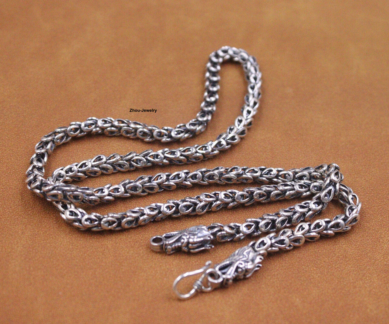 Pure Sterling Silver 925 Chain Dragon Head 6mm Feather Link Necklace 57g 23.6in