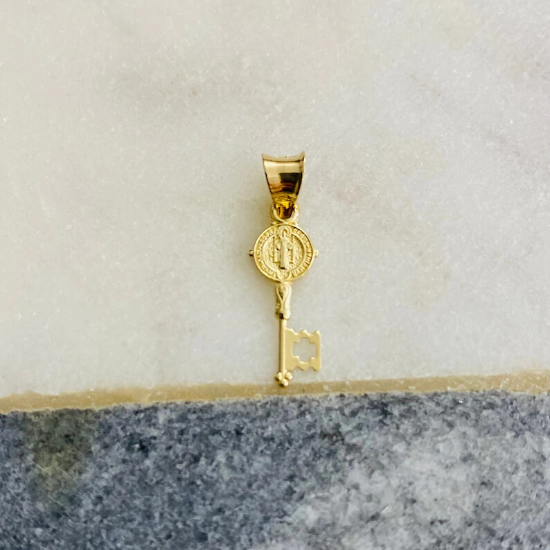 14K Solid Gold Saint Benedict Key Pendant, Real Gold Saint Benedict Key – PT0738