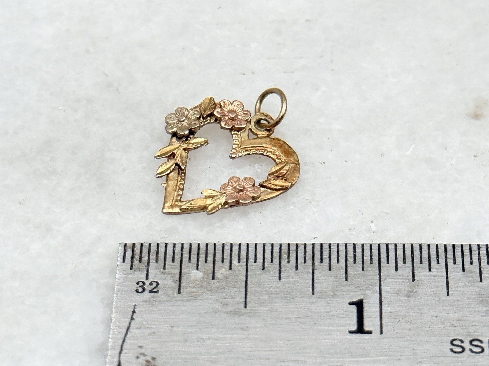 Vintage 14K Yellow Rose White Gold Heart Love Flower Pendant