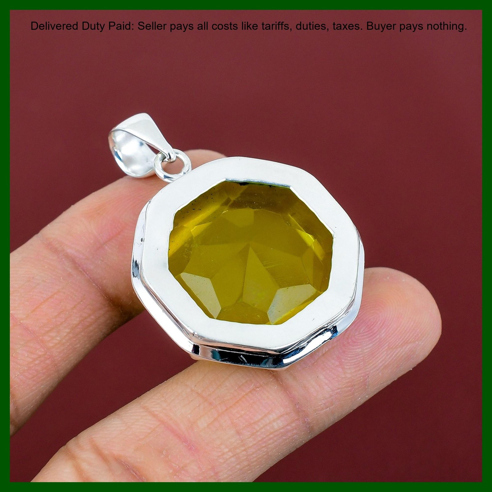 925 Silver Natural Lemon Topaz Bezel Art Deco Unique Engagement Birthday Pendant