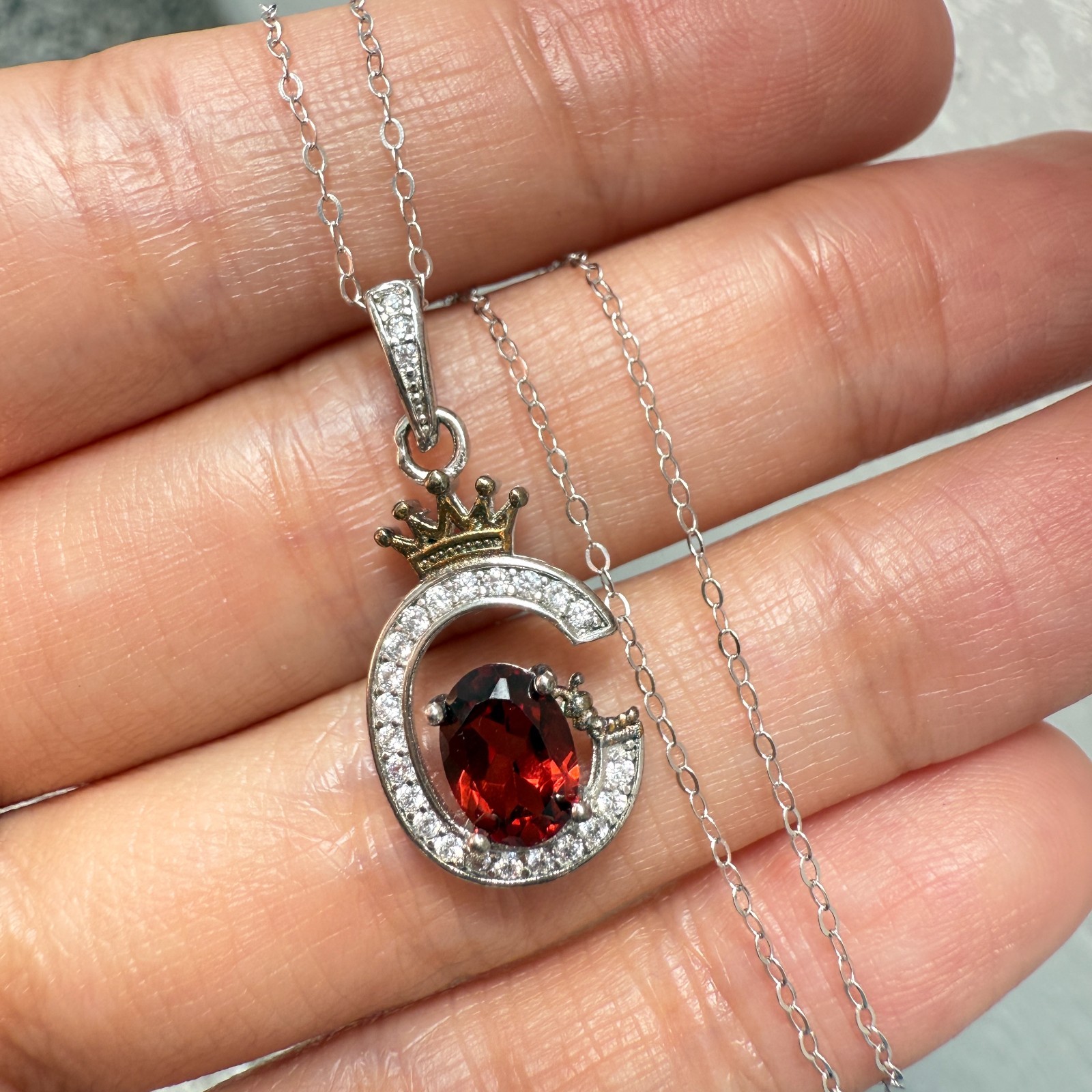 925 Sterling Silver Necklace 7x5mm Natural Garnet Zircon Crown Handmade Chain