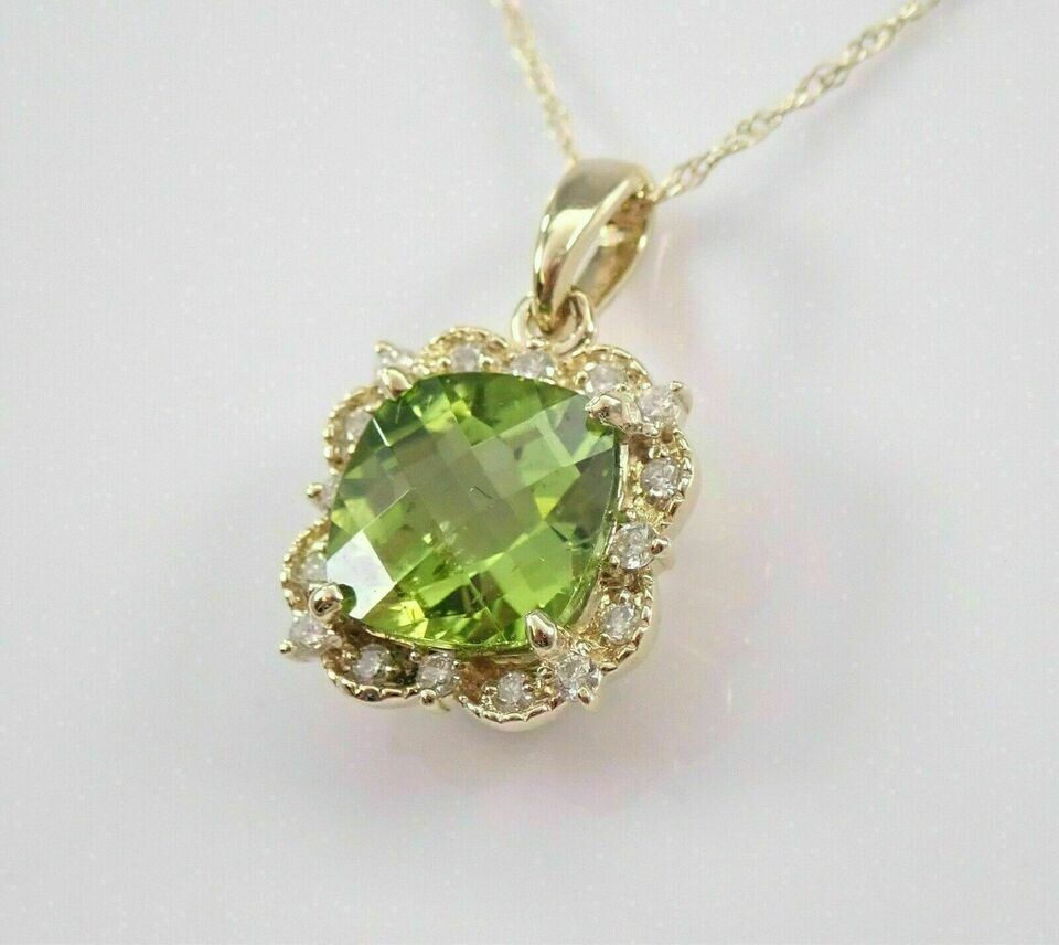 3Ct Cushion Cut Peridot Halo Beauty Pendant 14K Yellow Gold Finish