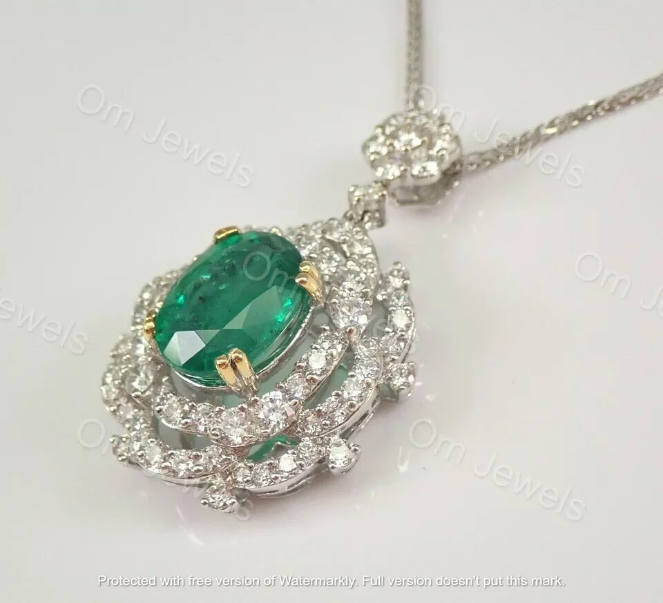 4.80Ct Oval Cut Green Emerald Halo Pendant 14K White Gold Finish 18″ Free Chain