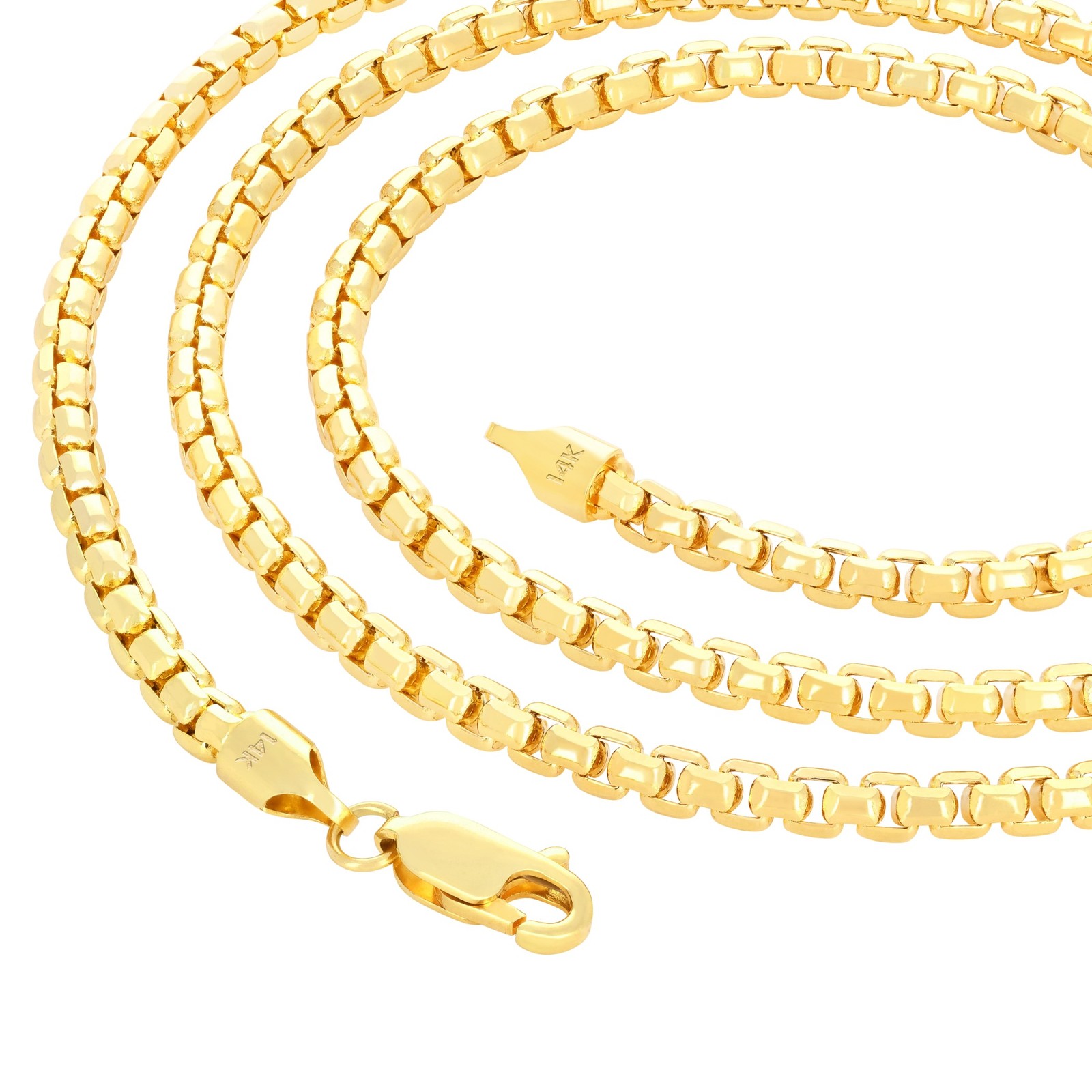 14K Yellow Gold 1.5mm-3.5mm Venetian Round Box Chain Necklace Men Women 16″- 30″