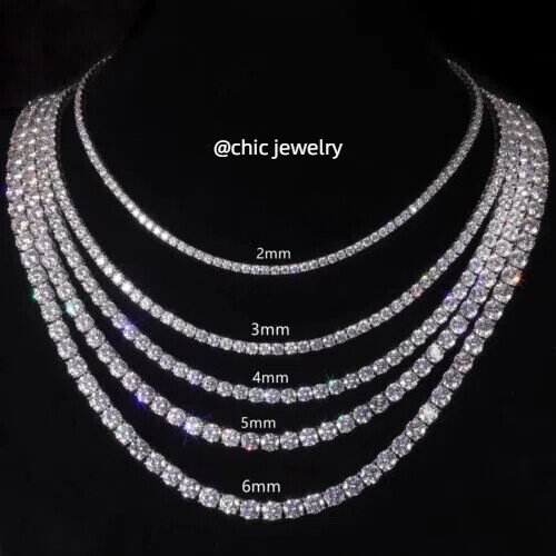 2-6mm 16-24″ Real VVS D Moissanite Tennis Chain Necklace 925 Silver Pass Tester!
