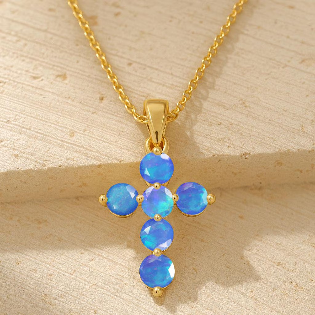 Genuine Blue Opal Gemstone Gold Cross Pendant, Natural Opal Gold Chain Pendant