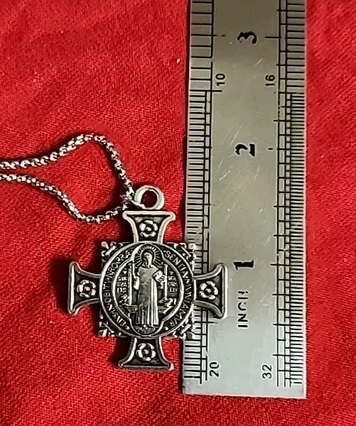 SILVER PLATED SAINT BENEDICT BMedal Cross Pendant on 22 In Chain FREE SHIPPING