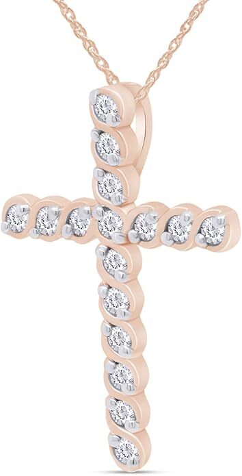 Natural Round Diamond Accents Twist Cross Pendant 18″ Necklace Sterling Silver