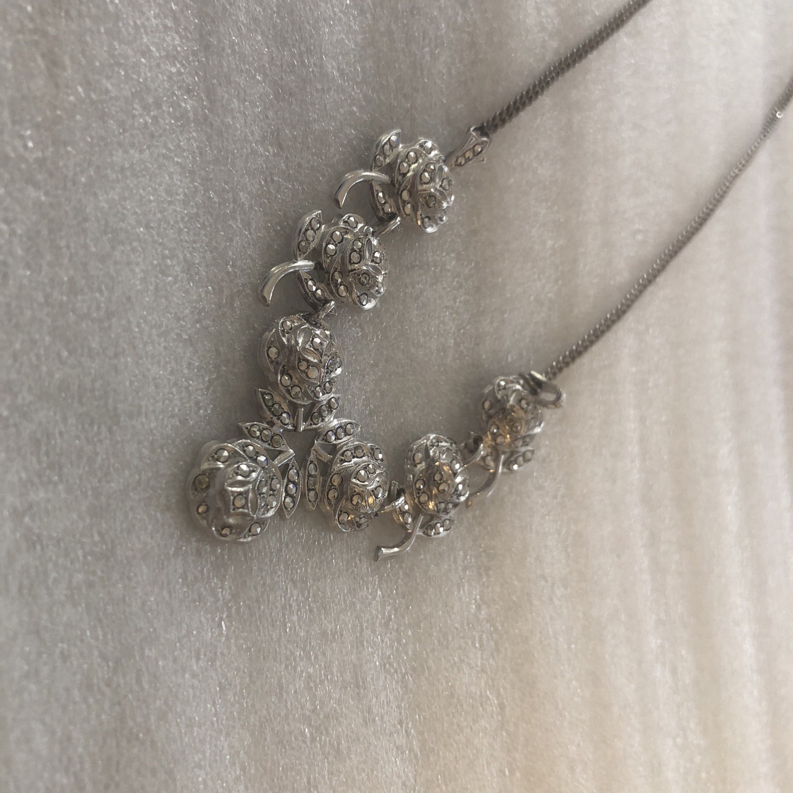 Sterling Silver Flower Necklace With Marcasite Gorgeous 17 Inches Long