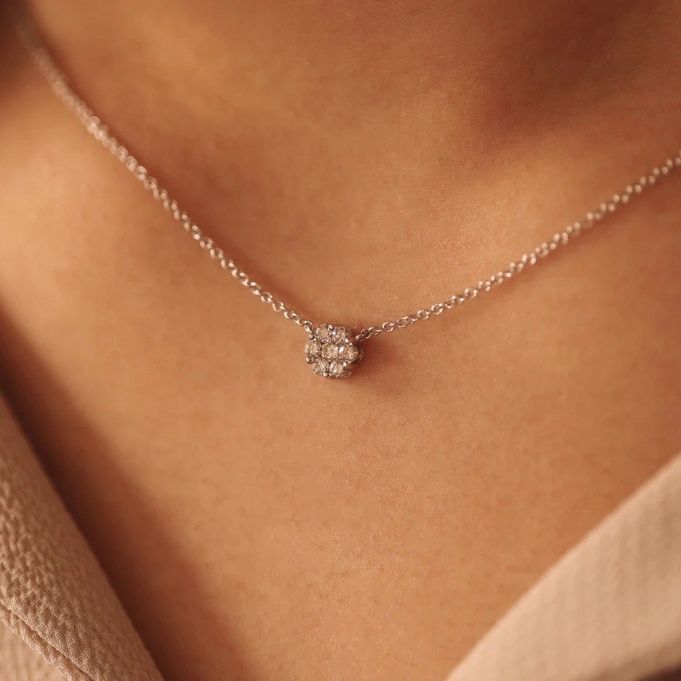 14K White Gold Halo Pendant Lab Grown Round 0.10CT Diamond Anniversary Gift
