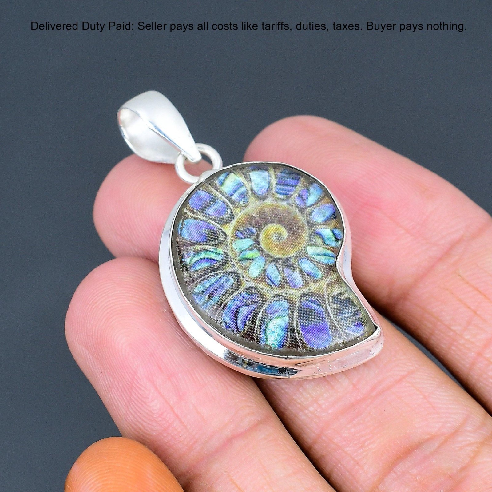 Natural Abalone Shell In Ammonite Doublet Opal Sterling Silver Pendant Jewelry