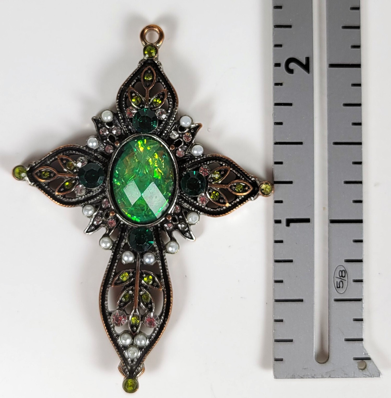 Cross Pendant with Opalescent Green Stone and Faux Pearls – 2 inches Very Good