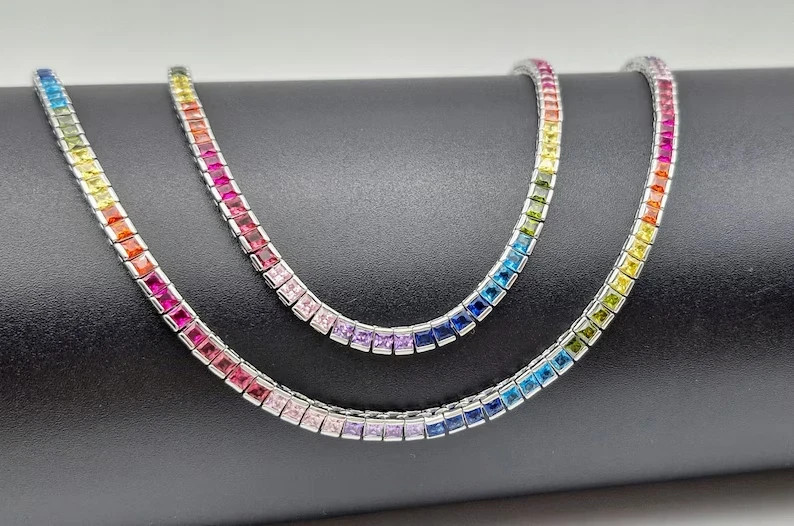 20TCW Princess Lab Created Rainbow Sapphire Tennis Necklace 925 Sterling Silver
