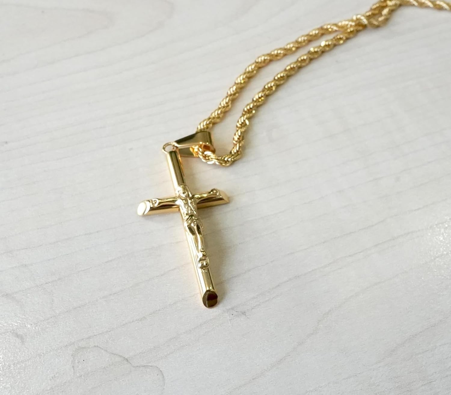 14K Gold Rope Chain Crucifix Style Cross Pendant Necklace for Men Husband 20″