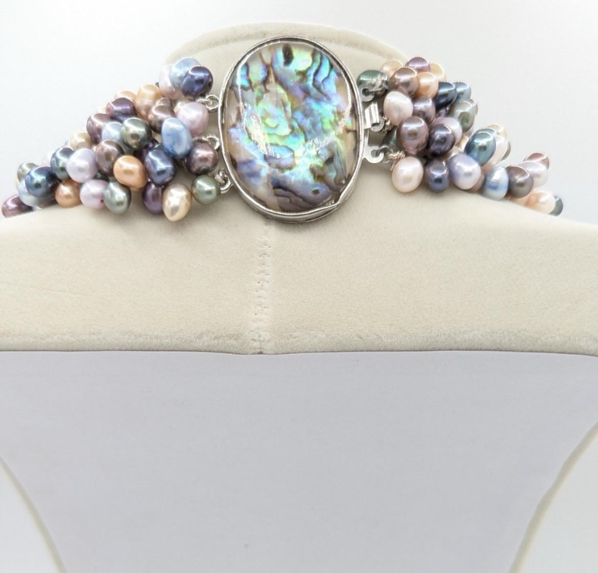Unbranded Pastel Cultured Pearl Triple Strand Necklace With Abalone Clasp 17″