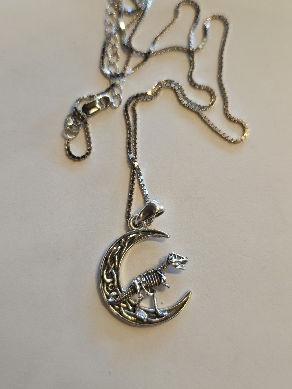 CULENDA Sterling Silver 925 Dinosaur Moon Pendant Box Chain Necklace
