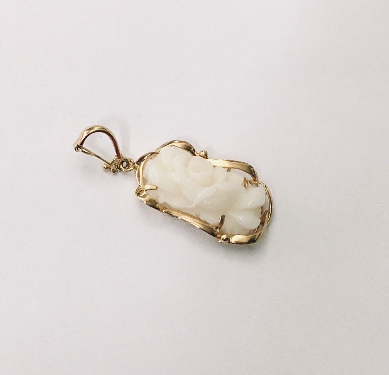 Genuine Natural White Coral Hand Carved Flower 14K Yellow Gold Pendant Enhancer