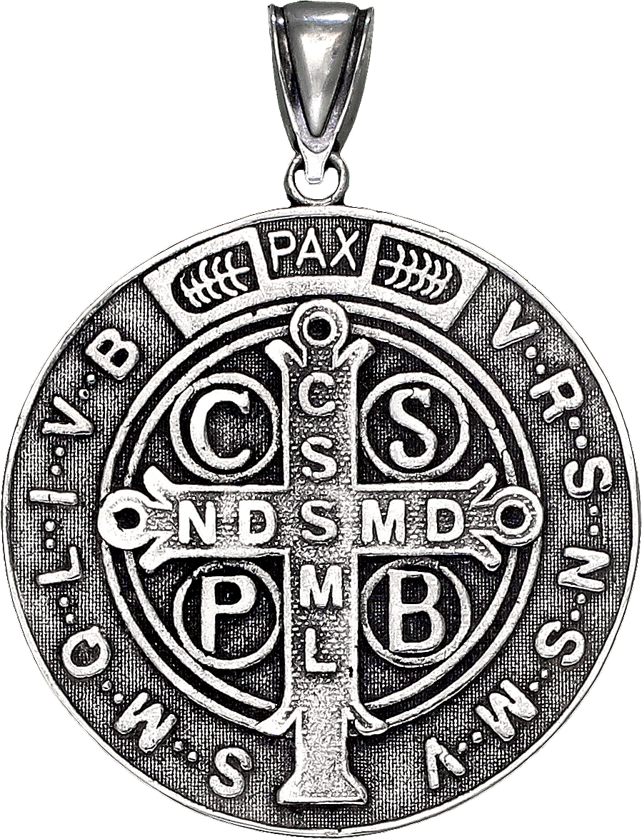 Sterling Silver Saint Benedict Medal Reversible Charm Pendant Necklace 2 Inches