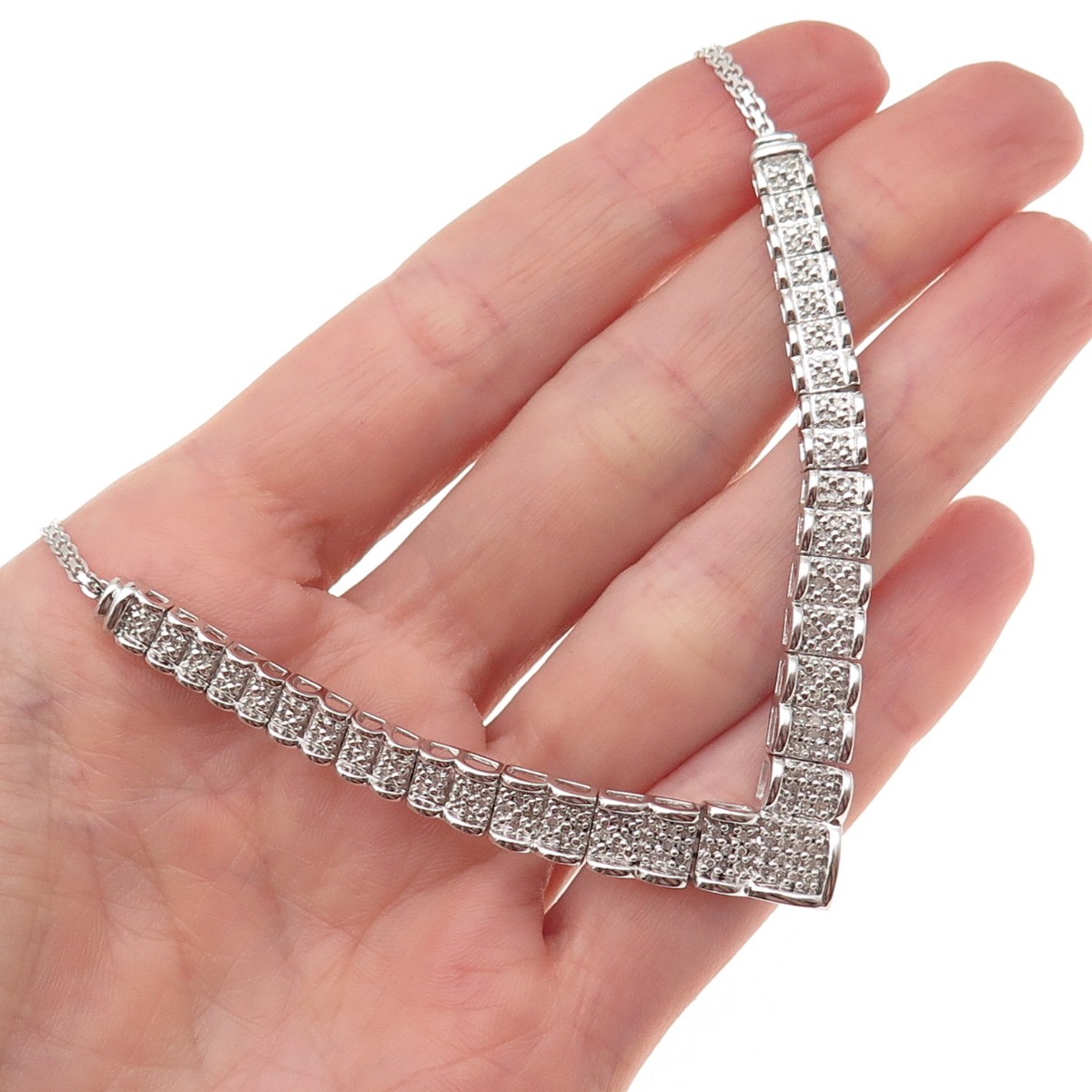 Sun 925 Sterling Silver Real Diamond V-Shape Bismark Chain Necklace 18″