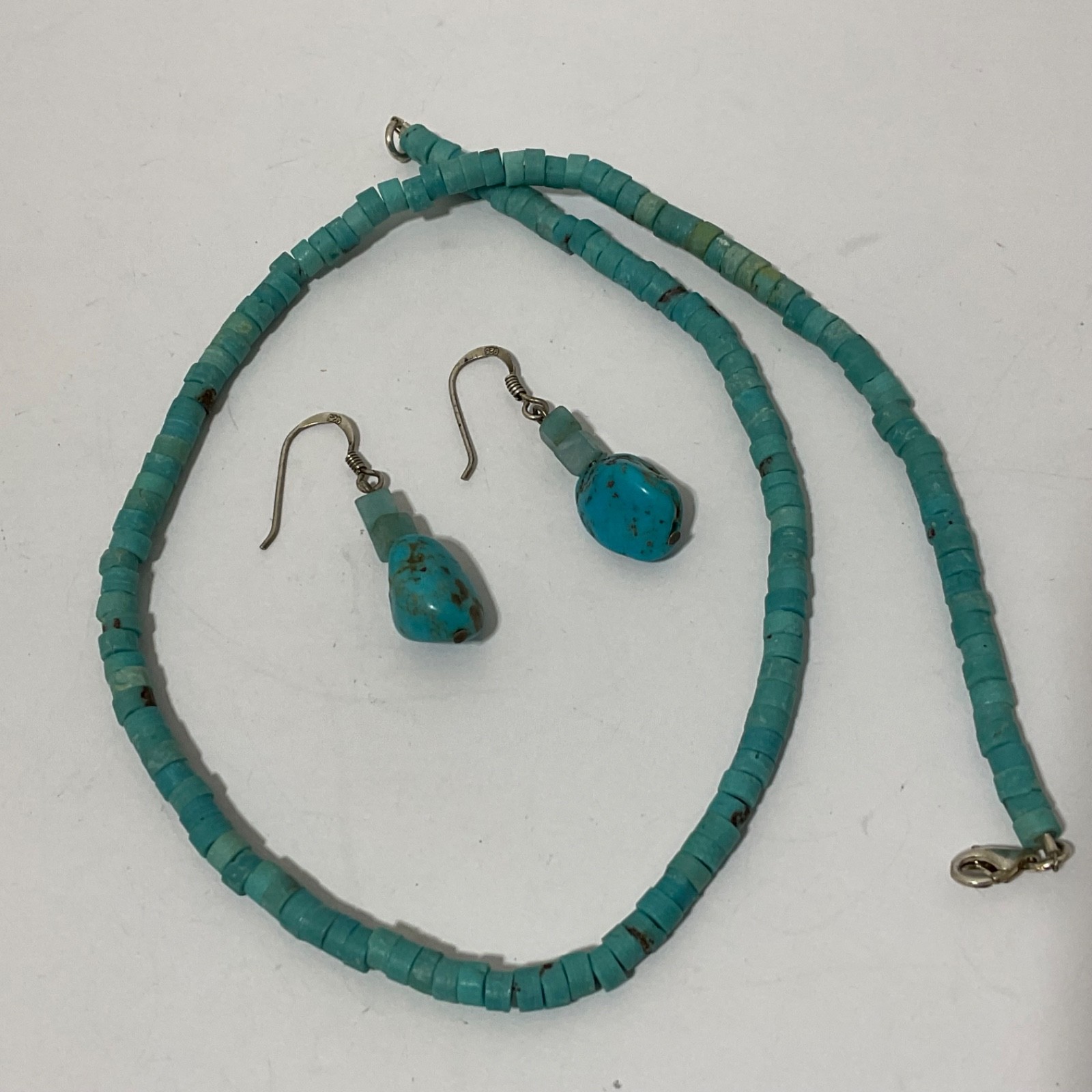 Artisan Turquoise Heishi Bead Collar Necklace Sterling Silver Gift Earrings 925