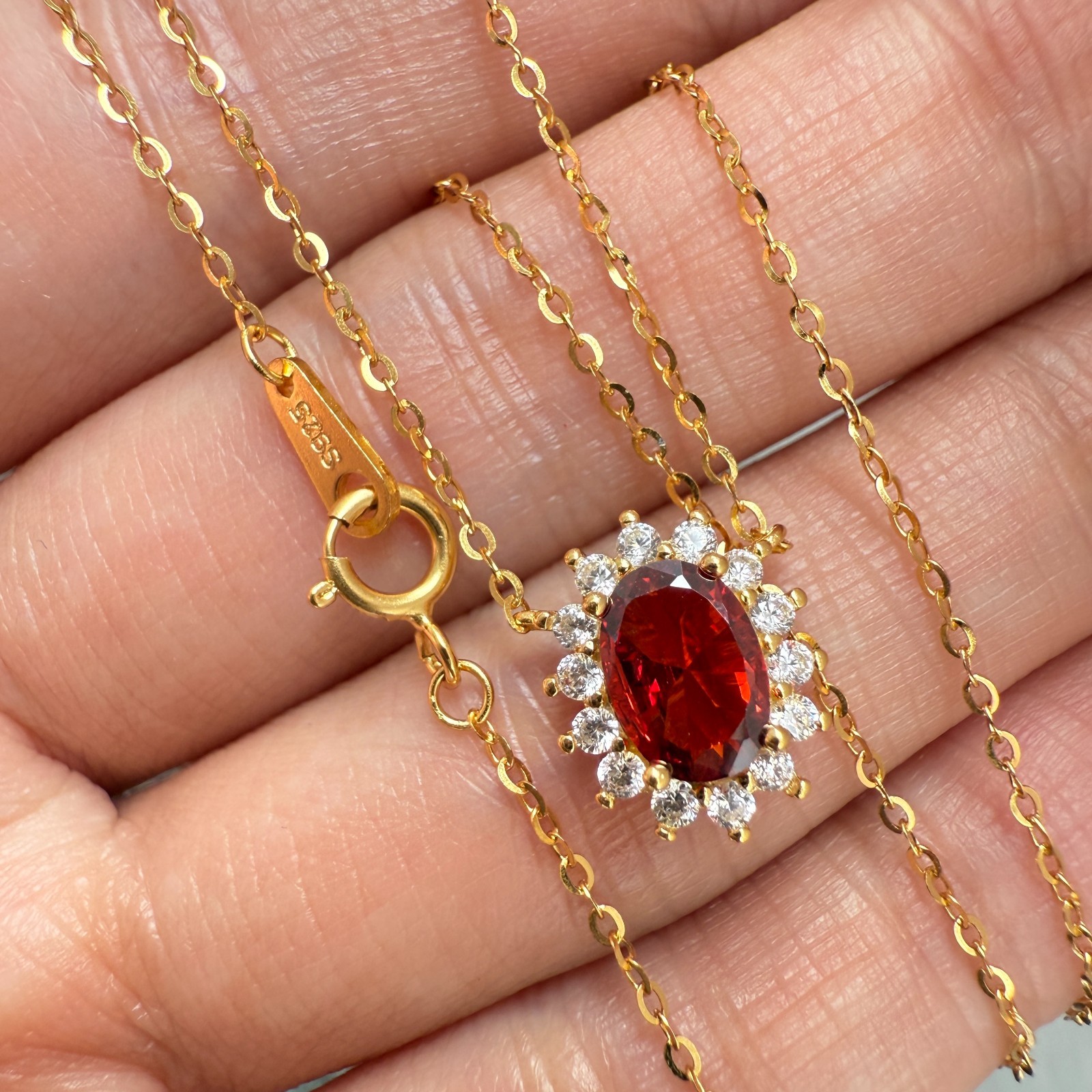 925 Sterling Silver Necklace 7x5mm Natural Garnet Zircon Handmade Flower Chain