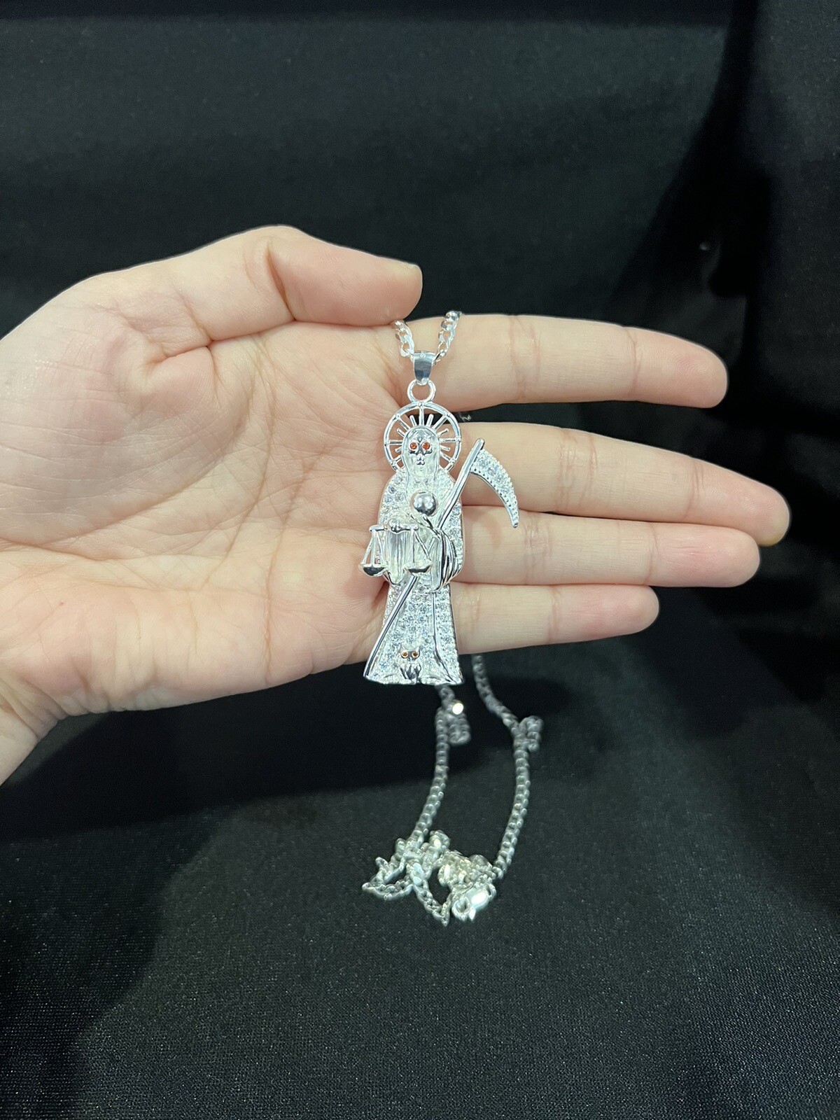 925 Sterling Silver Men CZ Santa Muerte Grim Reaper & Curb Chain 20 24 30