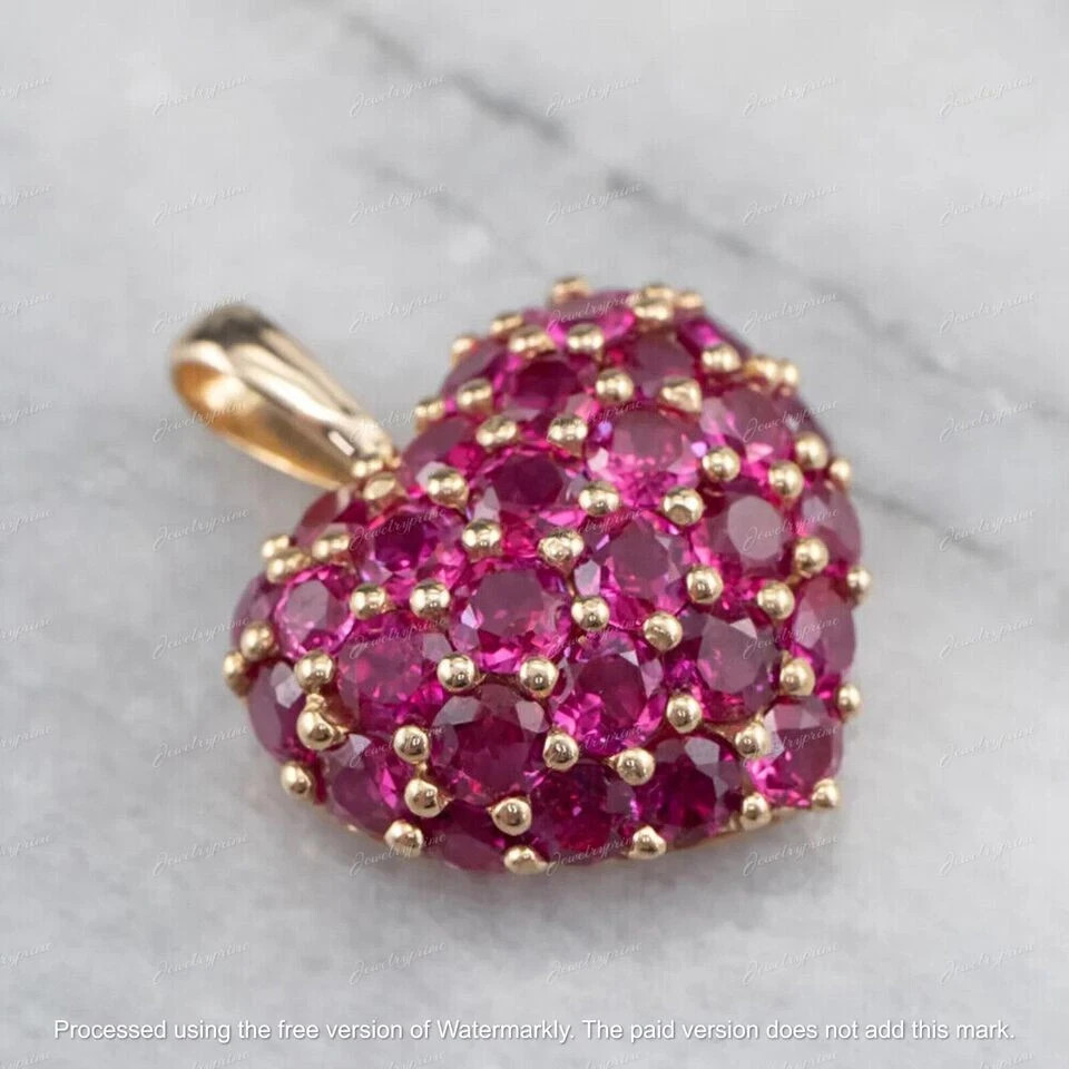 3Ct Round Cut Created Ruby Cluster Heart Pendant Necklace 14K Yellow Gold Over