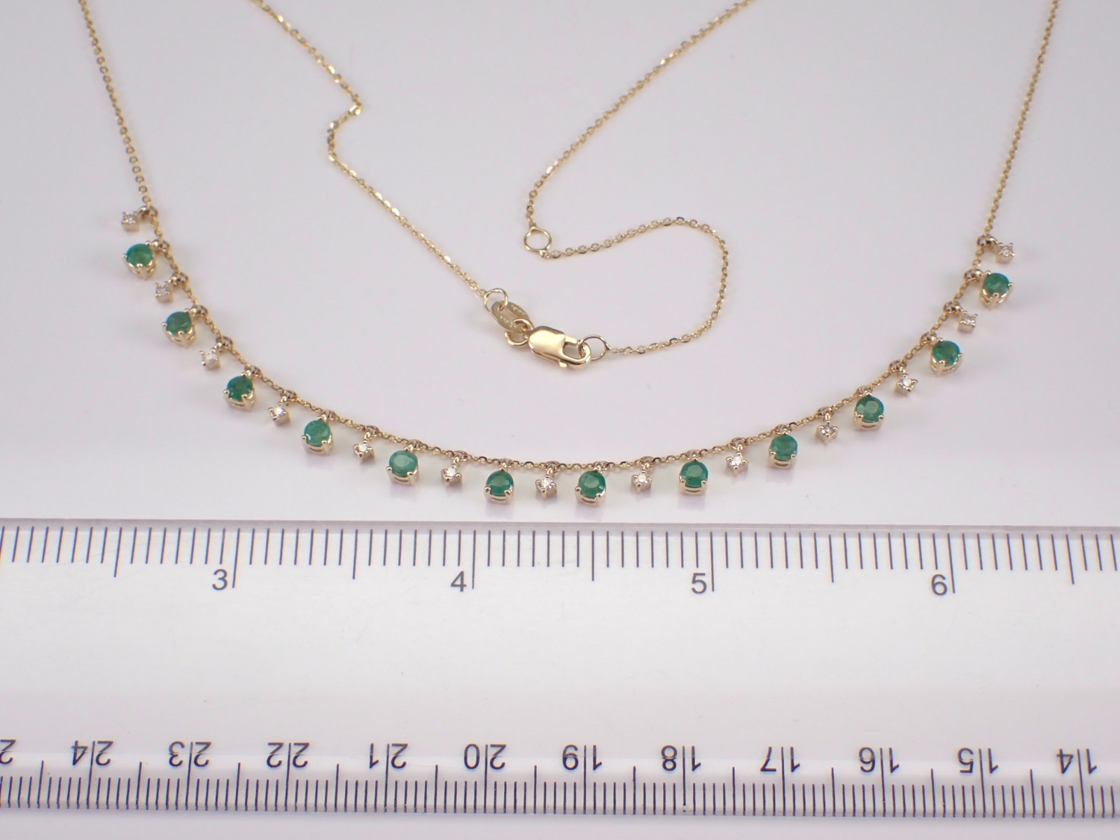 14K Yellow Gold Emerald Necklace – Diamond Dangle Station Pendant Chain