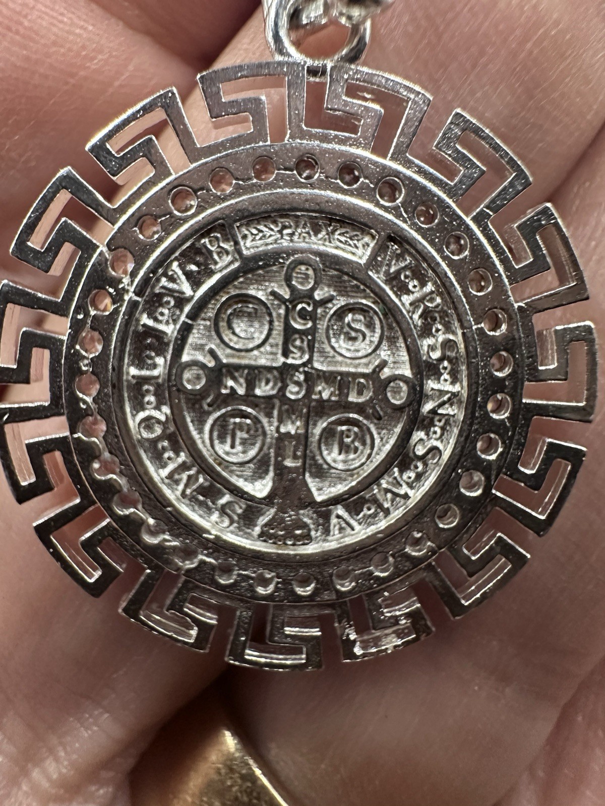 Sterling Silver Saint Benedict Medallion Necklace W/greek Key & Natural Diamonds
