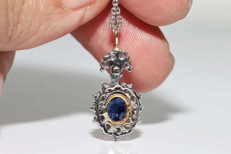 Vintage 2.10Ct Lab-Created 0val Sapphire &Diamond Pendant 14k White Gold Plated