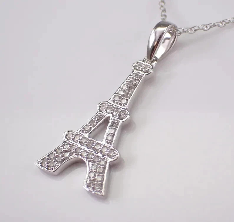 1.50Ct Round Real Moissanite Eiffel Tower Pendant 14K White Gold Plated Silver