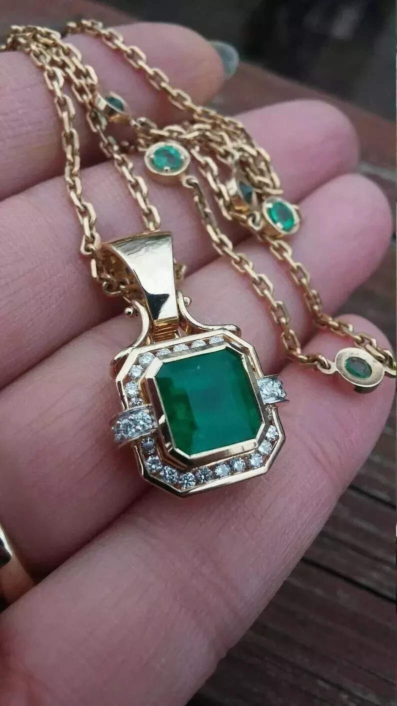 2.70Ct Asscher Cut Emerald Diamond Halo Pendant 14K Yellow Gold Finish