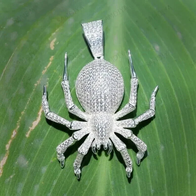 2 Ct Round Cut Real Moissanite Men’s Spider Charm Pendant 925 Sterling Silver