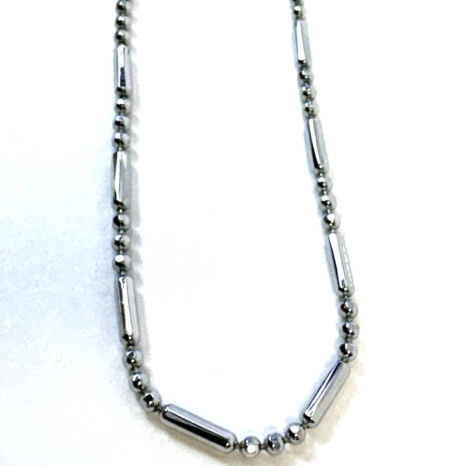 18KGP White Gold Plated Beaded Bar link Chain Necklace 18” Silver Tone