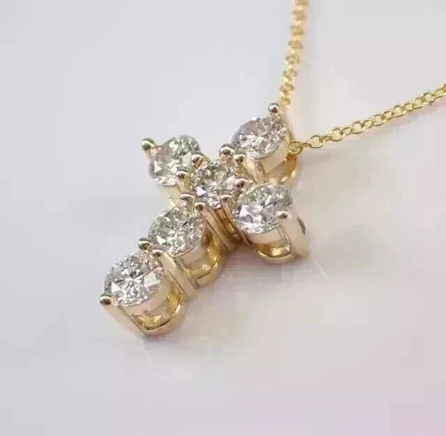 1.50CT Round-Cut Real Moissanite Cross Pendant Necklace 14K Yellow Gold Plated