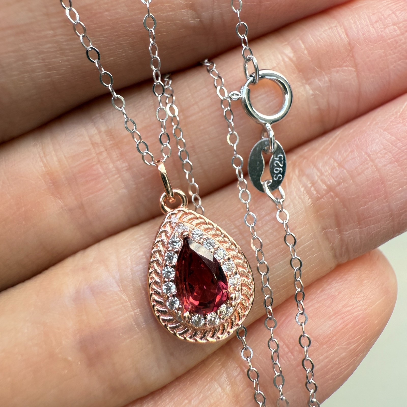 925 Sterling Silver Necklace 6x4mm Natural Garnet Gemstone Zircon Handmade Chain