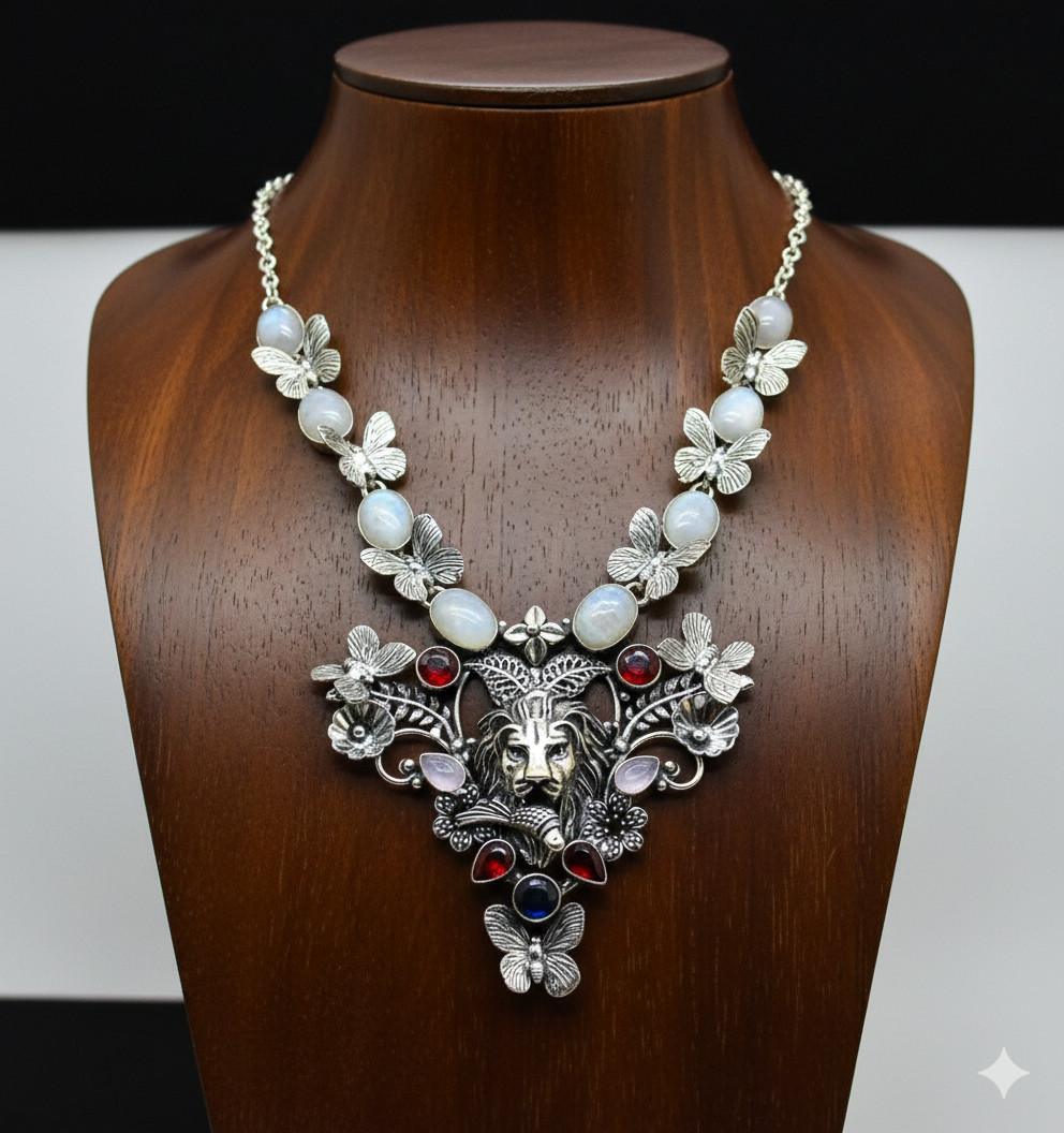 Moonstone. Garnet Necklace 925 Sterling Silver Women Jewelry S-18″