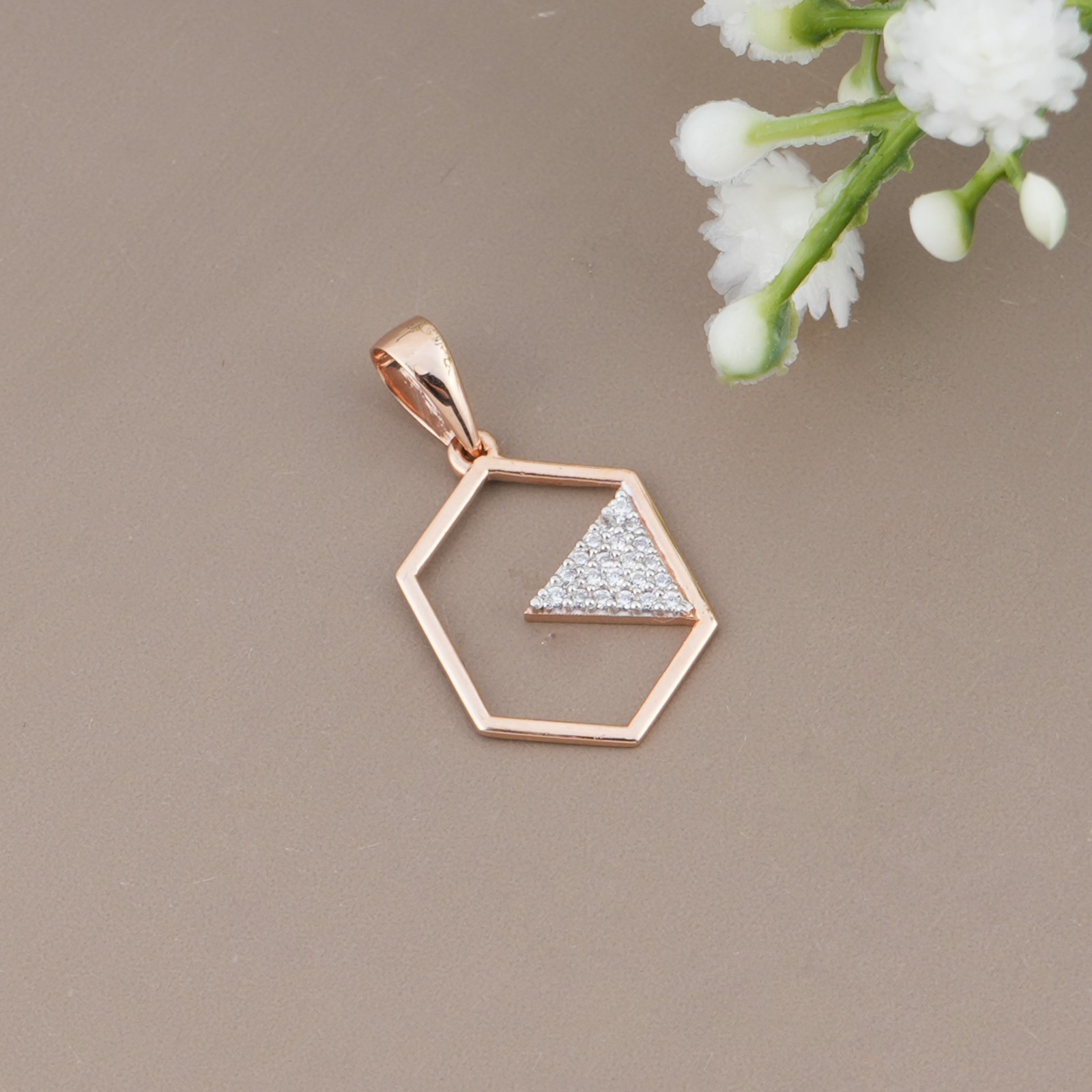 925 Sterling Silver Rose Gold Hexagon Pendant CZ Diamonds Unique Design