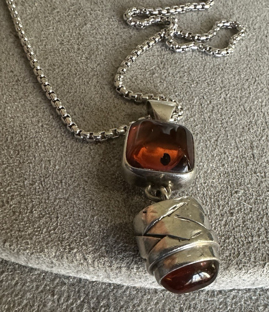 Lori Bonn Sterling Silver Two Piece Cognac Amber Dangle Pendant Necklace 18″