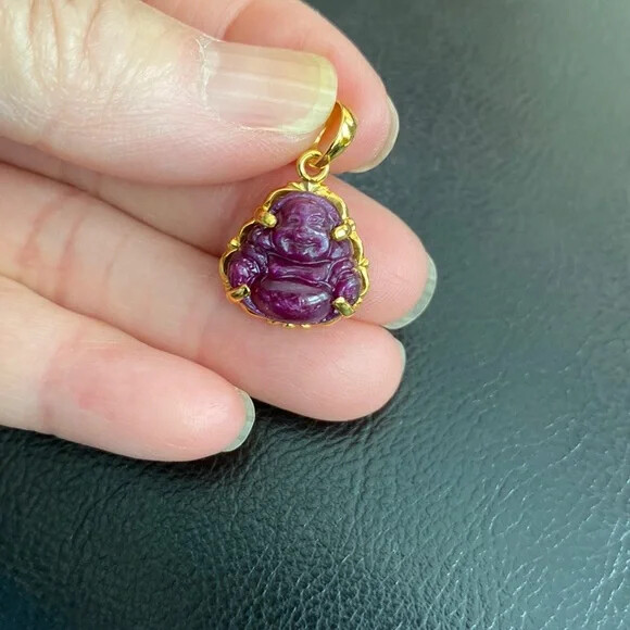 14K Solid Real Gold Laughing Male Buddha Natural Ruby Carved Pendant – Kid Size